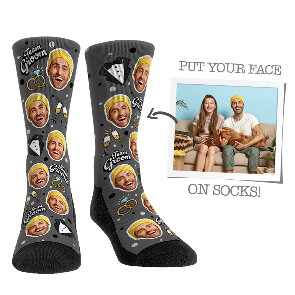 Custom Face Socks - Team Groom - Heather Grey / L/XL (sz 9-13)
