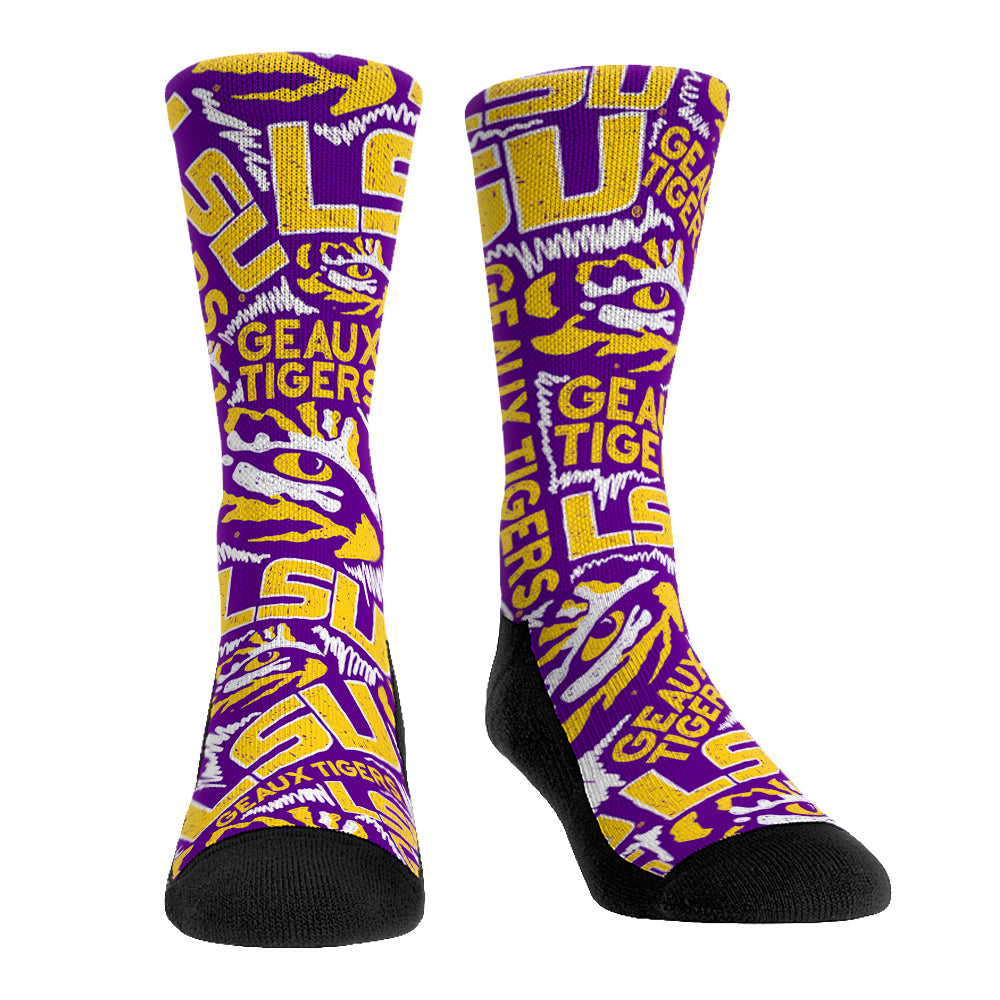LSU Tigers Socks - Rock 'Em Socks - Logo Sketch Purple Crew